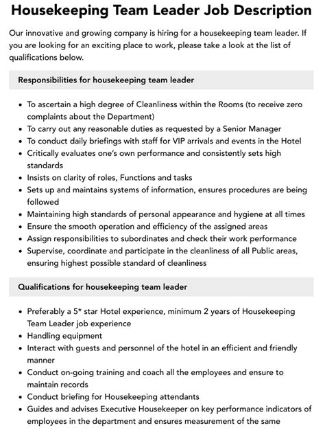 Description Example of Housekeeping Team Leader Job.